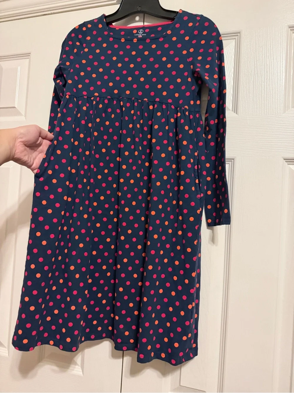 Land’s End Navy Long-Sleeve Dress with Pink and Coral Polka Dots and Pockets